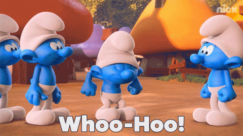 A Group Of Smurfs Are Standing Next To Each Other With The Words Whoo-Hoo Written On The Bottom GIF