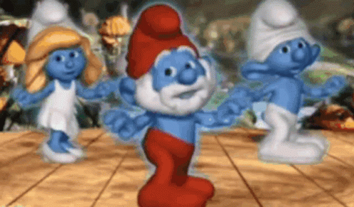 A Group Of Smurfs Dancing On A Wooden Floor . GIF