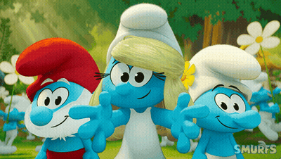 A Group Of Smurfs Standing Next To Each Other With The Word Smurfs On The Bottom GIF