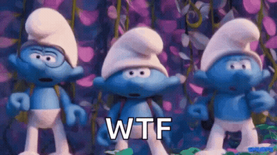 A Group Of Smurfs Standing Next To Each Other With The Words Wtf Written On Their Faces . GIF