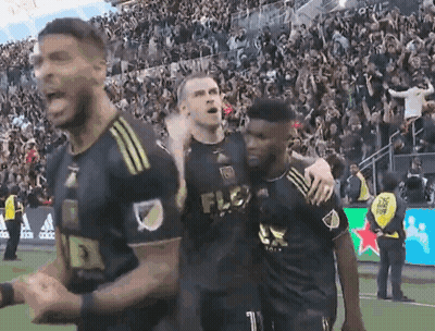 A Group Of Soccer Players Are Celebrating A Goal On A Field . GIF