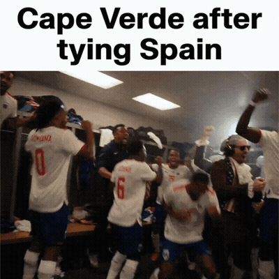 A Group Of Soccer Players Are Celebrating In A Locker Room And The Caption Says Cape Verde After Tying Spain GIF
