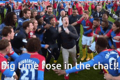 A Group Of Soccer Players Are Celebrating On A Field With The Caption " Big Time Pose In The Chat ! " GIF