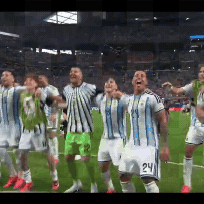 A Group Of Soccer Players Are Celebrating On The Field With A Visa Ad In The Background GIF