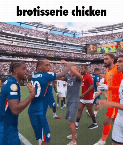 A Group Of Soccer Players Are Dancing On A Field With The Caption " Brotisserie Chicken " Above Them GIF