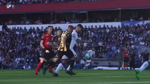 A Group Of Soccer Players Are Playing A Game In Front Of A Crowd And One Player Has The Number 9 On His Jersey GIF