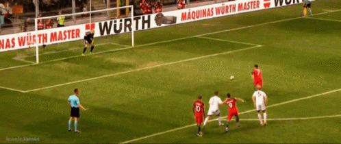 A Group Of Soccer Players Are Playing On A Field With A Wurth Banner Behind Them GIF