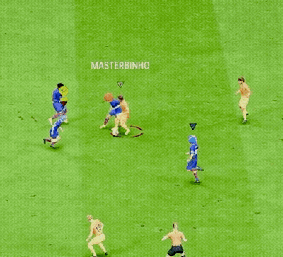 A Group Of Soccer Players Are Playing On A Field With A Yellow Sign That Says " Your Money " GIF