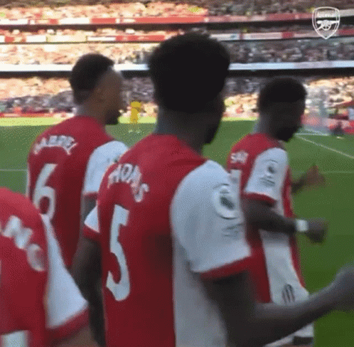 A Group Of Soccer Players Are Standing On A Field And One Of Them Has The Number 5 On His Shirt . GIF