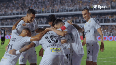 A Group Of Soccer Players Huddle Together With One Wearing The Number 10 On His Back GIF