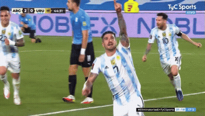 A Group Of Soccer Players On A Field With A Tyc Sports Advertisement In The Background GIF