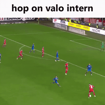 A Group Of Soccer Players On A Field With The Words Hop On Valo Intern Written Above Them GIF