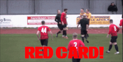 A Group Of Soccer Players On A Field With The Words Red Card Written In Red GIF
