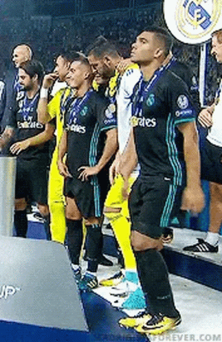 A Group Of Soccer Players Standing Next To Each Other On The Field . GIF