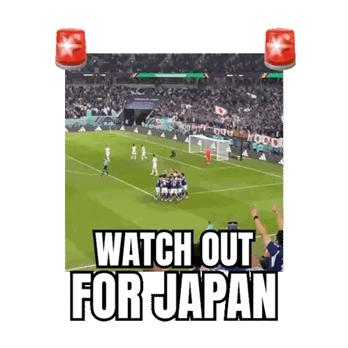 A Group Of Soccer Players Standing On A Field With The Words " Watch Out For Japan " Below Them Sticker