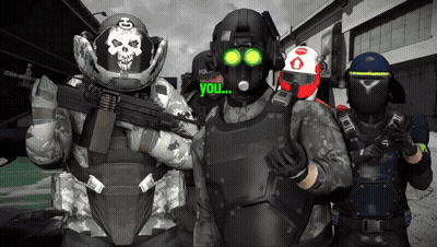 A Group Of Soldiers Are Posing For A Picture And One Of Them Is Wearing A Helmet That Says " You " GIF