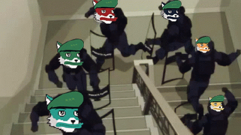 A Group Of Soldiers Are Running Down Stairs With Shields That Say Private Forces GIF