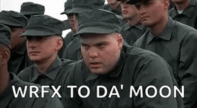 A Group Of Soldiers Are Sitting In A Row With The Words `` Wrfx To Da ' Moon '' Above Them . GIF