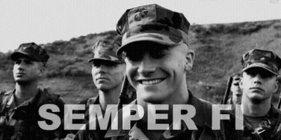 A Group Of Soldiers Are Smiling In A Black And White Photo With The Words Semper Fi Written In White Letters . GIF