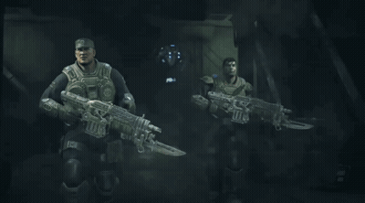 A Group Of Soldiers Are Standing In A Dark Room With Guns GIF