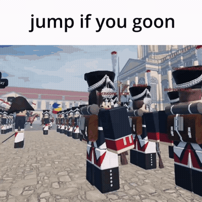 A Group Of Soldiers Are Standing In A Line With The Words Jump If You Goon Above Them GIF