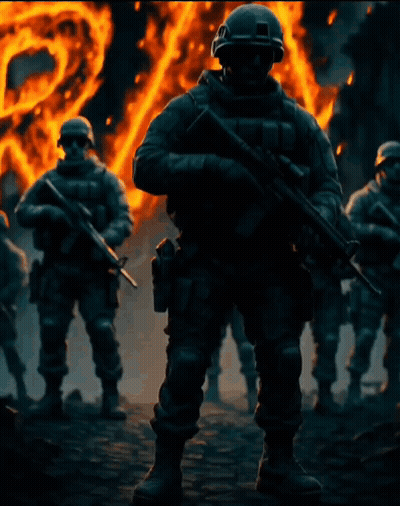 A Group Of Soldiers Are Standing In Front Of A Fire With The Letter R Visible GIF