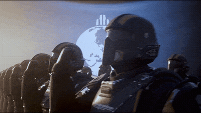 A Group Of Soldiers Are Standing In Front Of A Large Screen With A Globe On It GIF