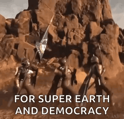 A Group Of Soldiers Are Standing In Front Of A Mountain Holding Flags And Saying `` For Super Earth And Democracy '' . GIF