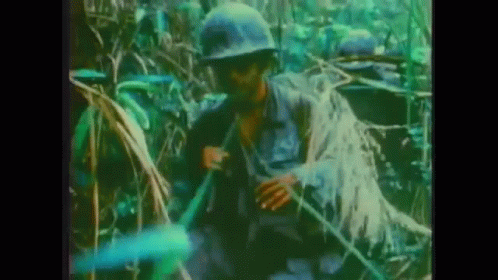 A Group Of Soldiers Are Standing In The Jungle Holding A Rifle . GIF