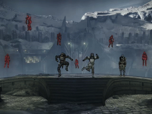 A Group Of Soldiers Are Standing On A Bridge In Front Of Mountains GIF