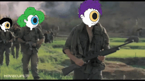 A Group Of Soldiers Are Walking Across A Field With Movieclips Written On The Bottom GIF