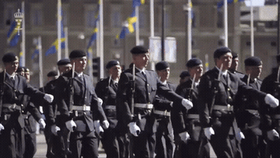 A Group Of Soldiers Marching In A Parade With A Crown On Their Uniforms GIF