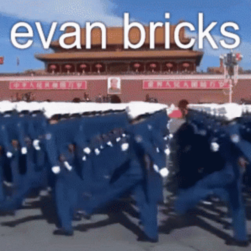 A Group Of Soldiers Marching In Front Of A Building With Evan Bricks Written On The Bottom GIF