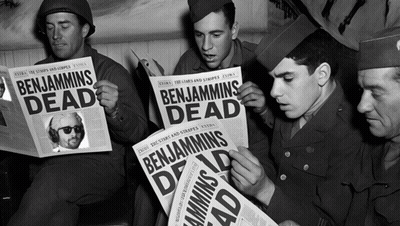 A Group Of Soldiers Reading Benjamins Dead Newspapers GIF