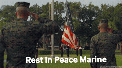 A Group Of Soldiers Saluting A Flag With The Words Rest In Peace Marine Written Below Them GIF