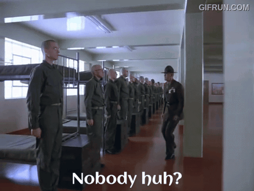 A Group Of Soldiers Standing In A Hallway With The Words Nobody Huh Written On The Bottom GIF