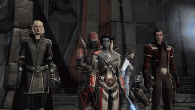 A Group Of Soldiers Standing Next To Each Other With One Of Them Holding A Lightsaber GIF