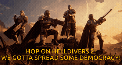 A Group Of Soldiers Standing On A Rock With The Words Hop On Helldivers 2 We Gotta Spread Some Democracy GIF