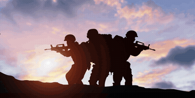 A Group Of Soldiers Standing On Top Of A Hill With Guns GIF