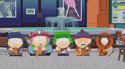 A Group Of South Park Characters Are Playing Instruments In Front Of A Sign That Says Open GIF
