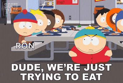 A Group Of South Park Characters Are Sitting At A Picnic Table And One Of Them Is Named Ron GIF