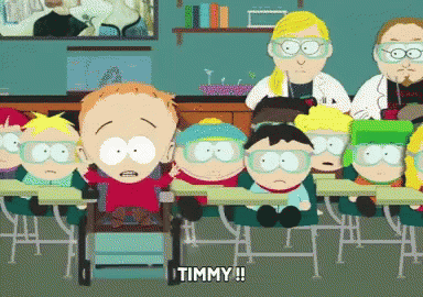 A Group Of South Park Characters Are Sitting At Their Desks And One Of Them Says Timmy !! GIF