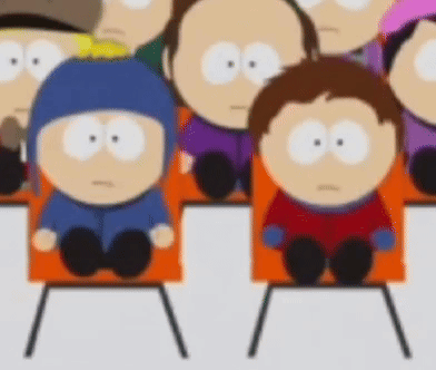 A Group Of South Park Characters Are Sitting In A Row In Orange Chairs . GIF