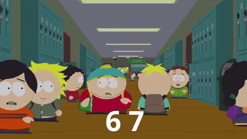 A Group Of South Park Characters Are Standing In A Hallway With The Number 67 On The Floor GIF