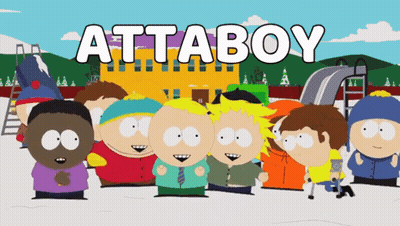 A Group Of South Park Characters Are Standing In Front Of A Playground And The Word Attaboy Is Written Above Them GIF