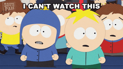 A Group Of South Park Characters Are Standing In Front Of A Sign That Says " I Can 'T Watch This " GIF