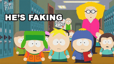 A Group Of South Park Characters Are Standing In Front Of Lockers With The Caption He 'S Faking GIF