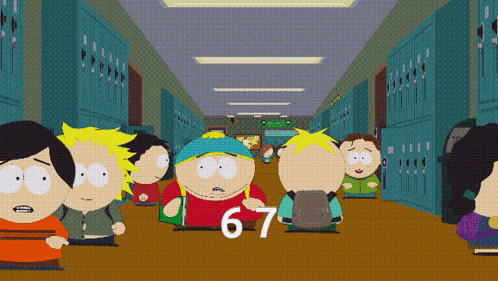 A Group Of South Park Characters Are Walking Down A Hallway With The Number 67 On The Floor GIF