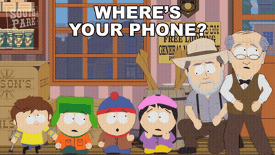 A Group Of South Park Characters Sitting On A Bench With The Words Where 'S Your Phone Written Above Them GIF