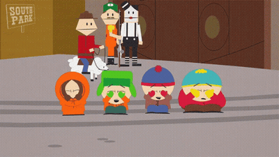 A Group Of South Park Characters Stand In Front Of A Sign That Says South Park GIF